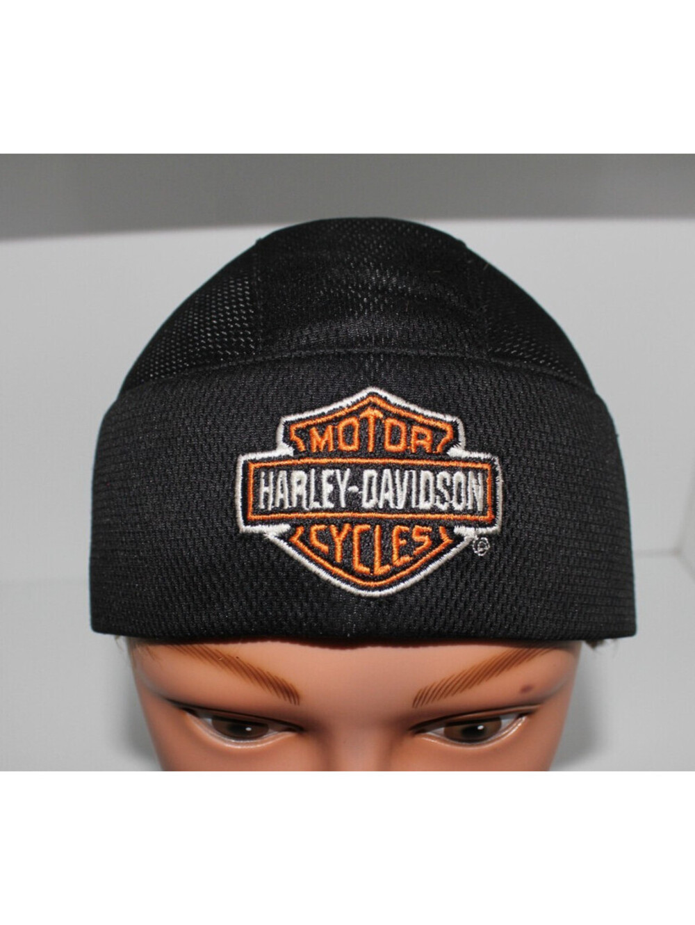 Vintage Harley Davidson Mesh Skull Cap Headwrap Black Embroidered Bar & Shield